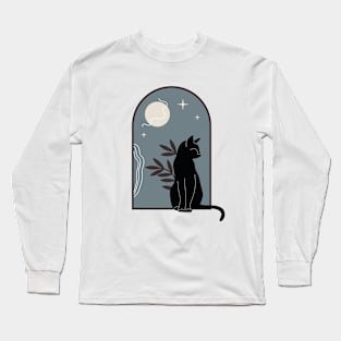 Black cat with plants and night sky in vintage boho minimalist style Long Sleeve T-Shirt